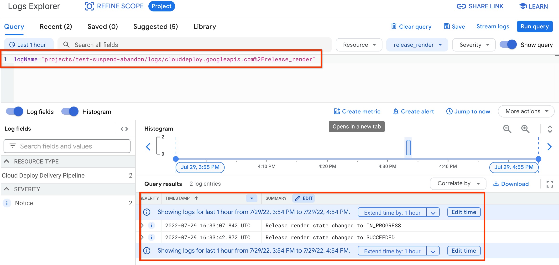Query results for Google
Cloud Deploy platform logs