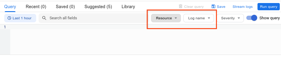 Logs Explorer, di konsol Google Cloud, menampilkan pemilih nama log dan resource.