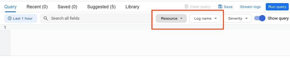 Esplora log, in Google Cloud Console, che mostra i selettori di risorse e nomi di log.
