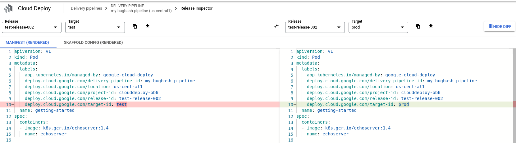 Diff of rendered manifests from different targets, shown in Google Cloud console