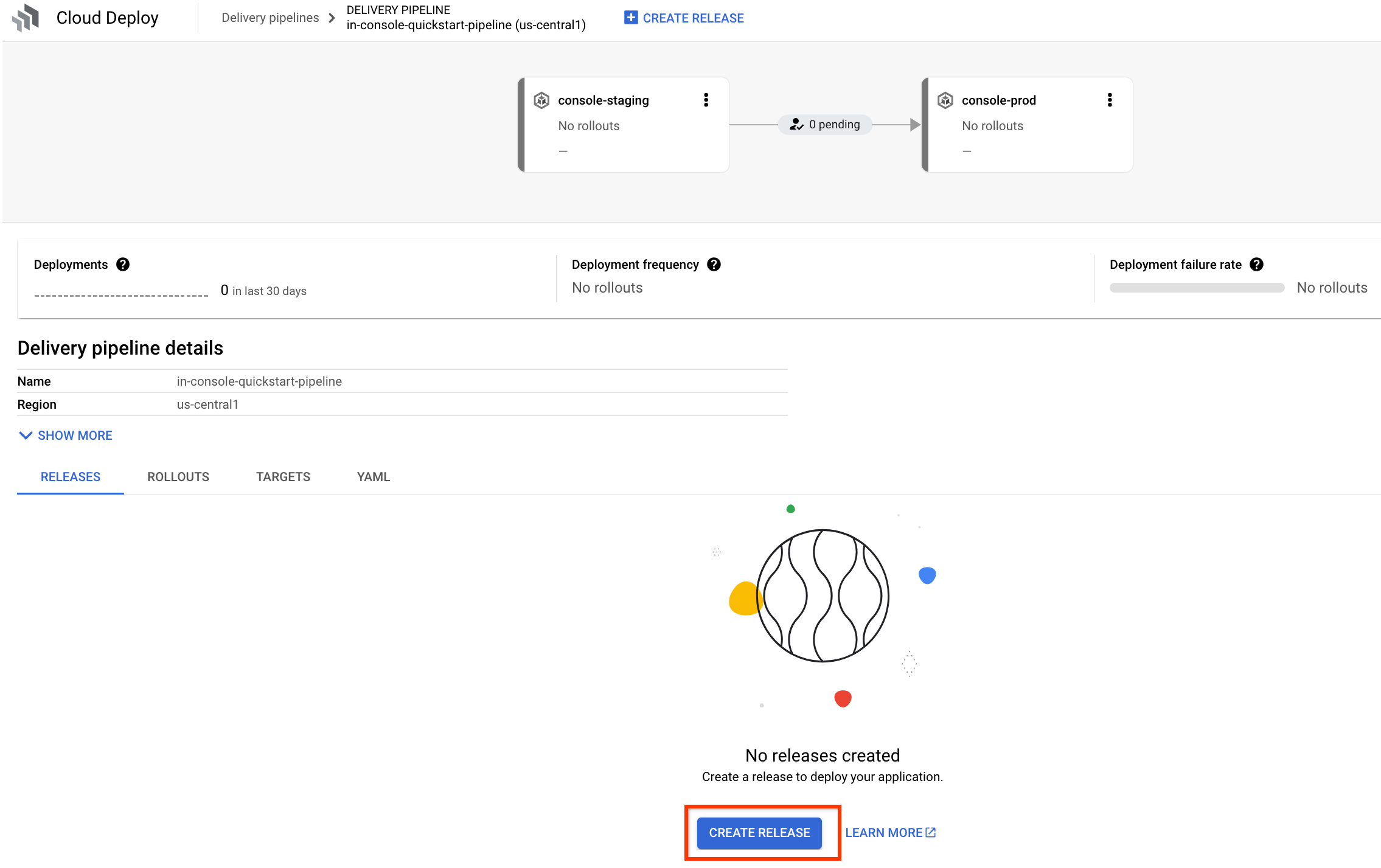 Pipeline pengiriman baru, yang dibuat di konsol Google Cloud 