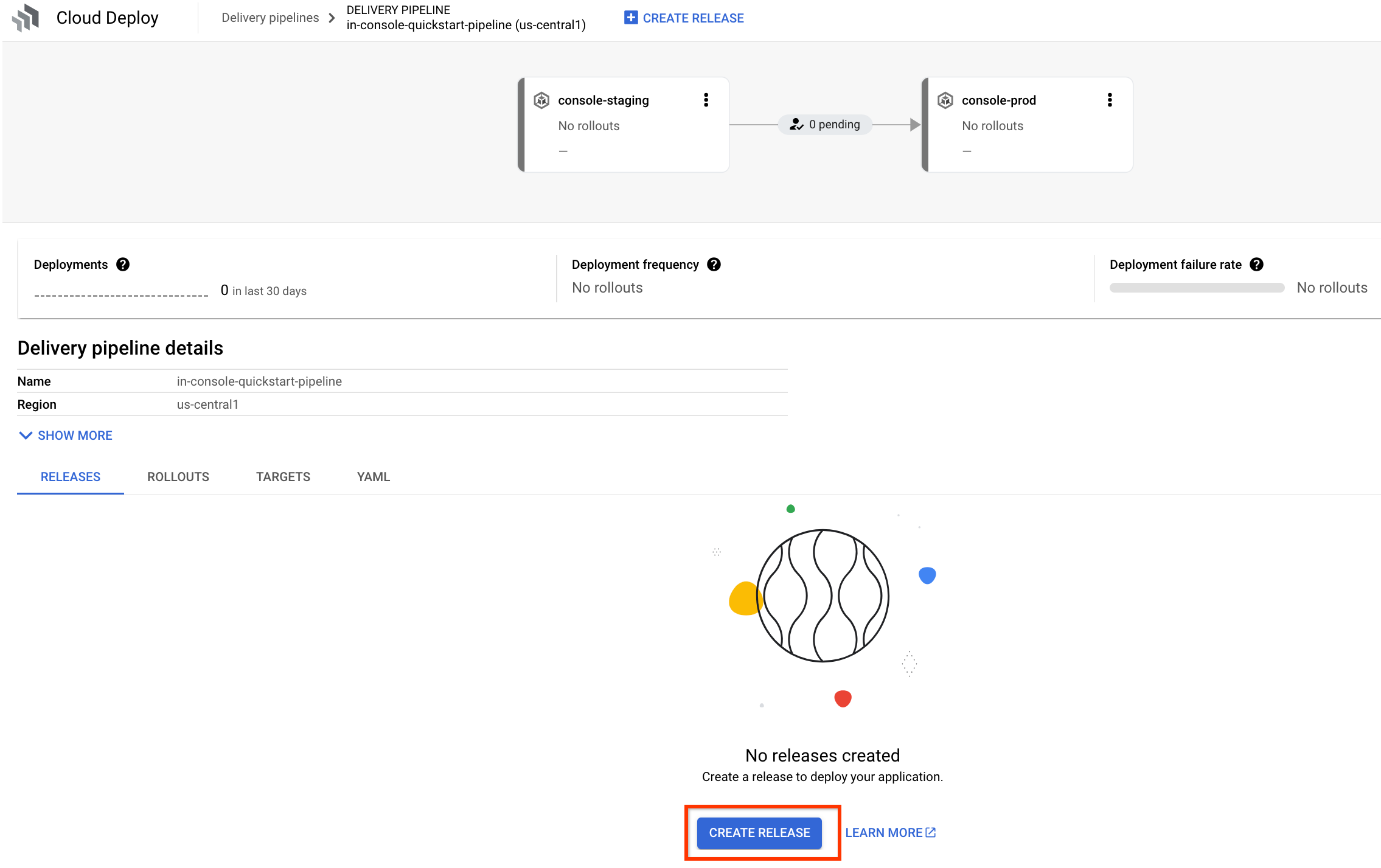New delivery pipeline, created in the Google Cloud console 