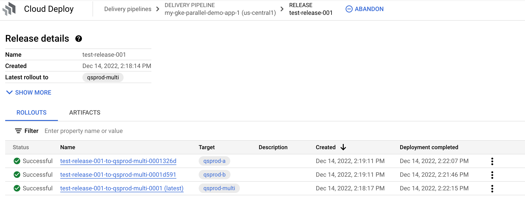 de lanzamientos en la consola de Google Cloud