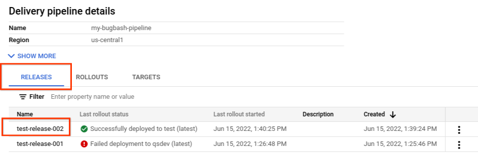 The delivery pipeline details page in Google Cloud console, showing releases.