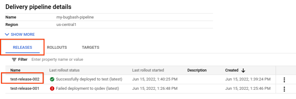 Halaman detail pipeline pengiriman di konsol Google Cloud, yang menampilkan rilis.