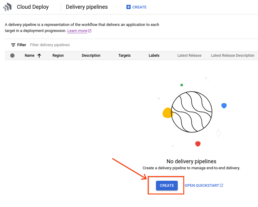 Cloud Deploy main page in the Google Cloud console 