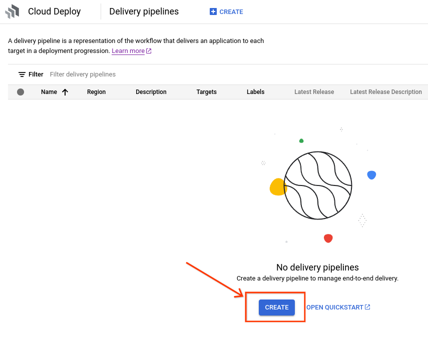 Google Cloud コンソールの Cloud Deploy メインページ