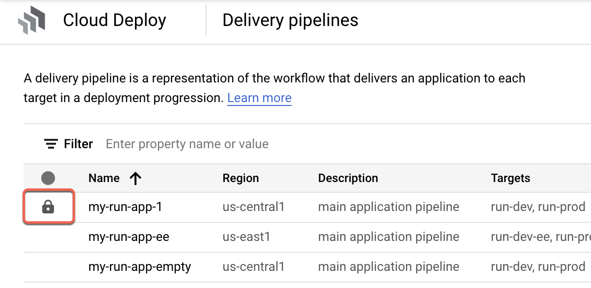 Lock icon, indicating that the delivery pipeline is suspended. 