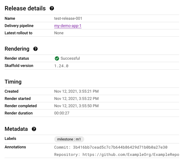 Metadados da versão mostrados no console do Google Cloud