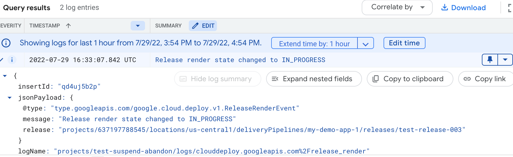 Conteúdo de um
registro da plataforma do Google Cloud Deploy