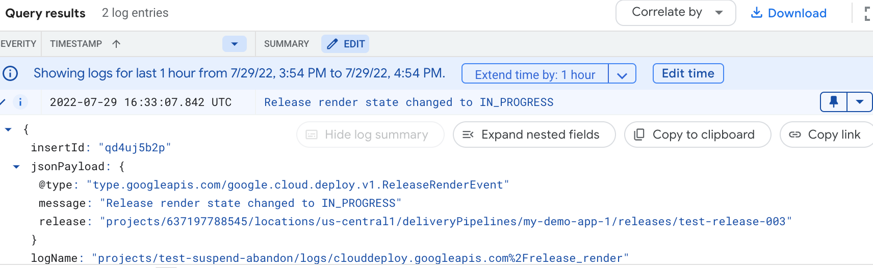 Contenuti di un log della piattaforma Google Cloud Deploy