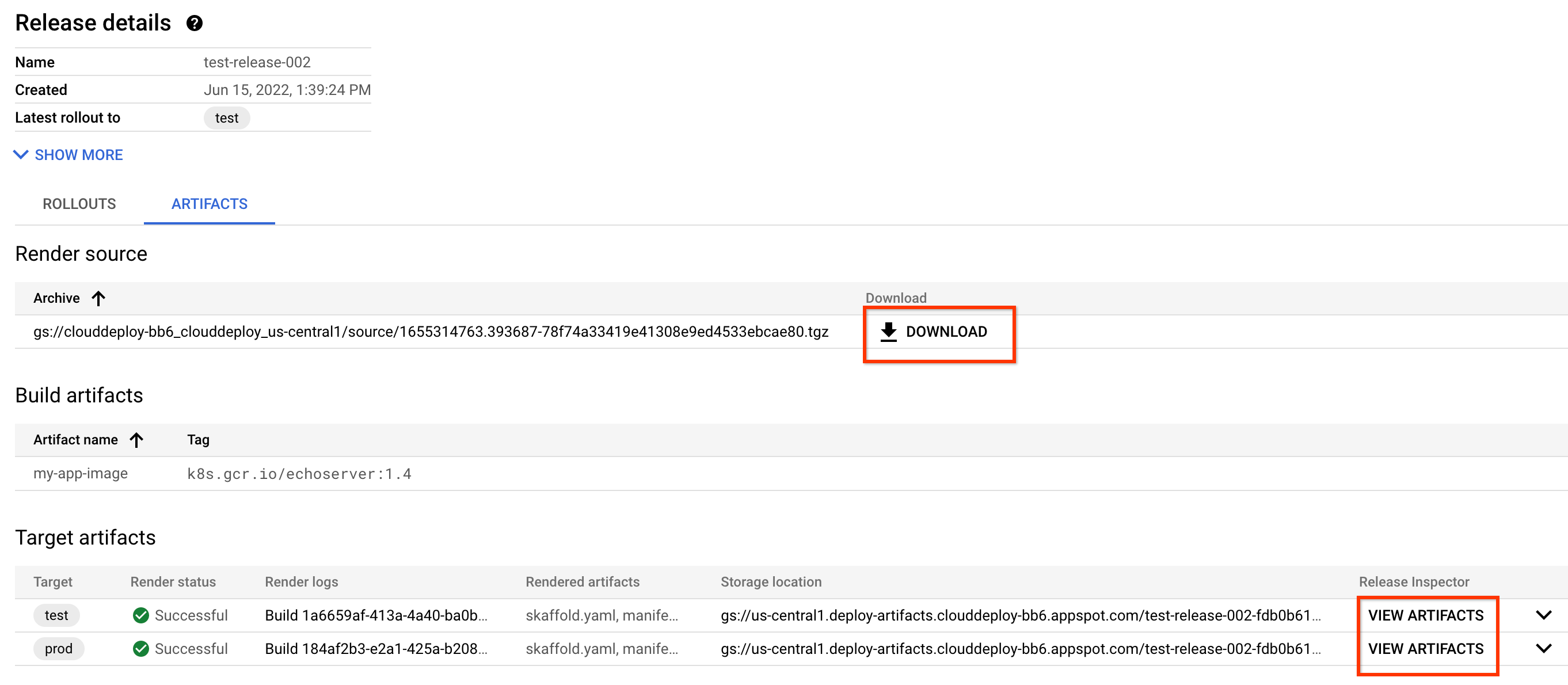 Seite mit Release-Details mit Quell- und Zielartefakten für das Rendering