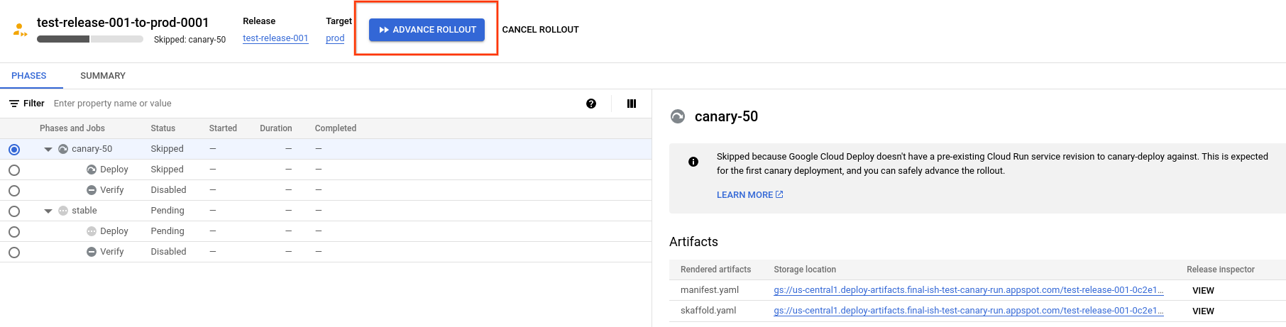 détails du déploiement dans la console Google Cloud 