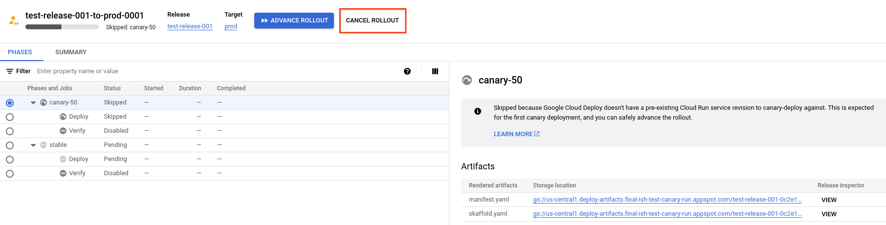 Roll-out-Details in der Google Cloud Console 