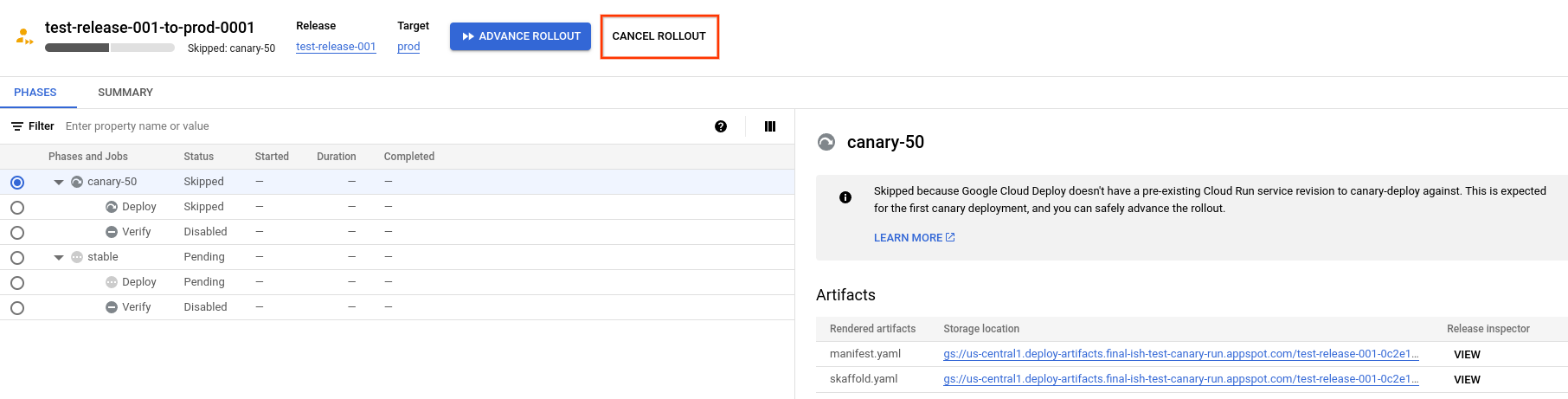  Google Cloud 控制台中的发布作业详情