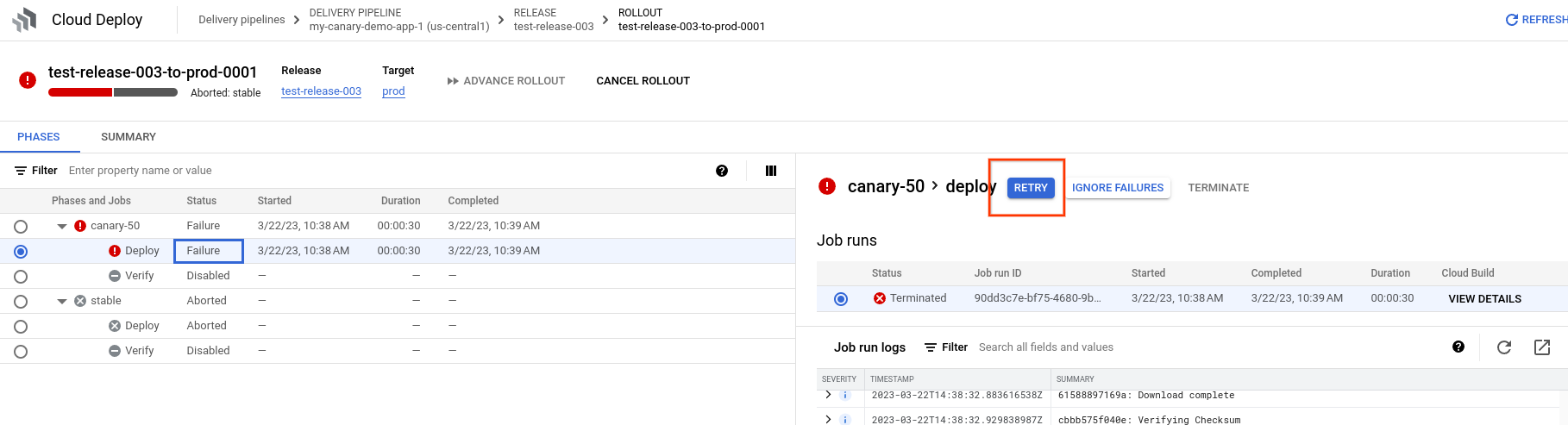 Roll-out-Details in der Google Cloud Console 