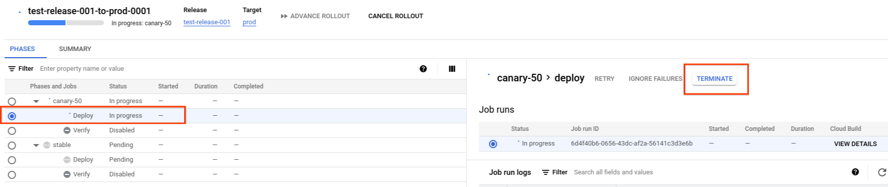  Google Cloud 控制台中的推出作業詳細資料