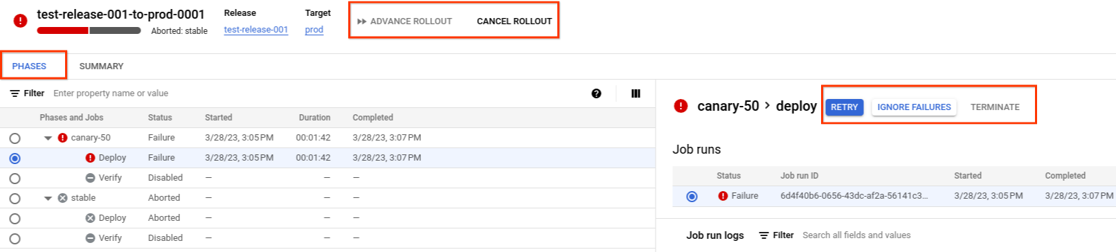 Resumen de las fases que se muestra en la consola de Google Cloud