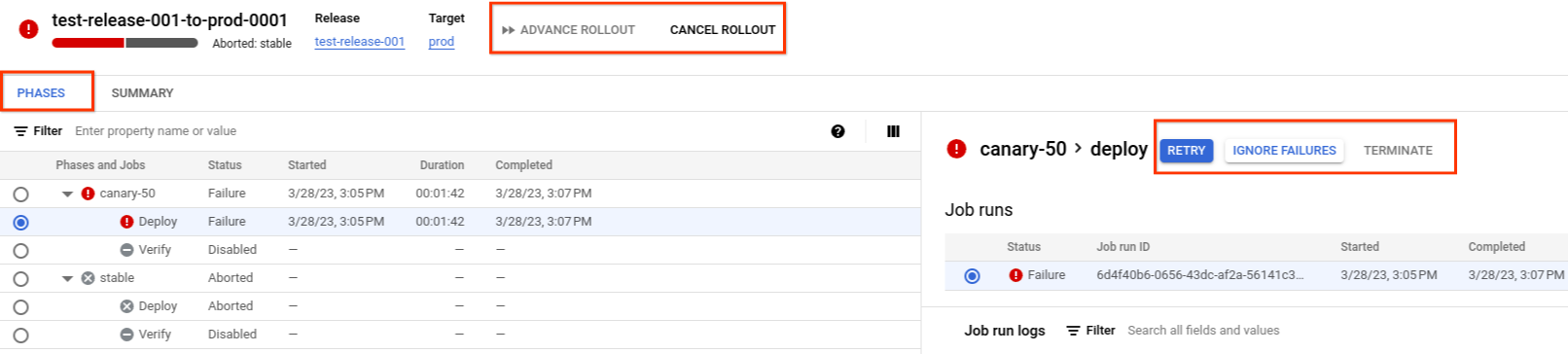 Resumen de las fases que se muestra en la consola de Google Cloud 
