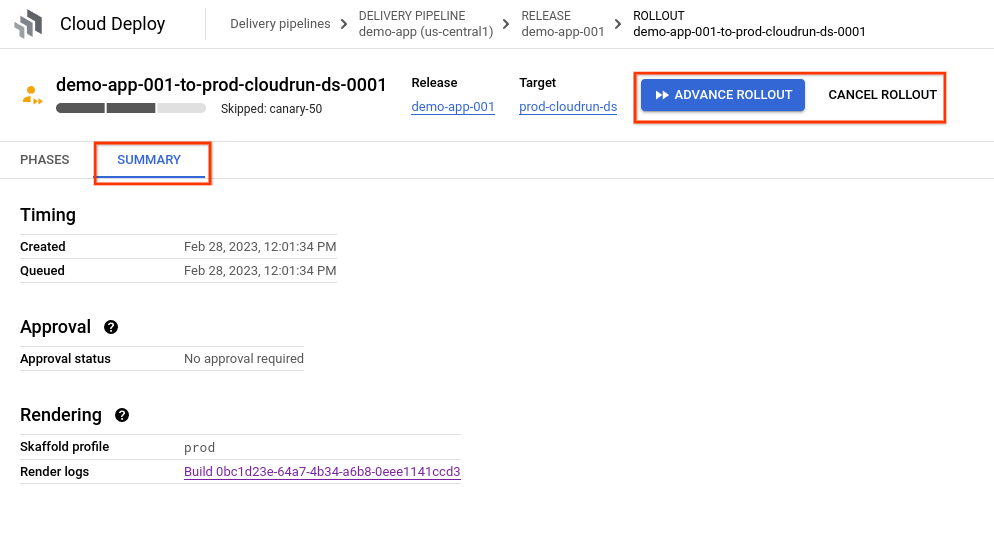 Rollout summary shown in Google Cloud console