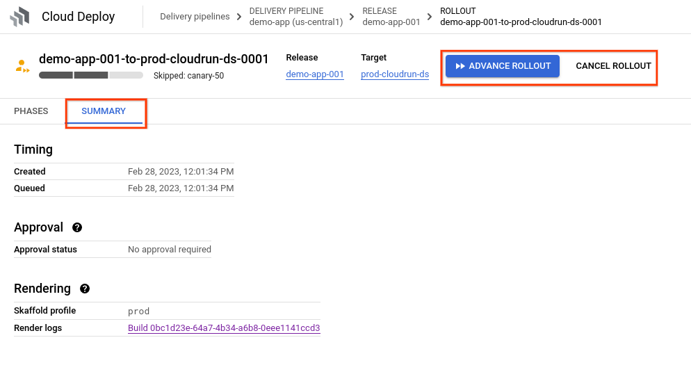 Ringkasan peluncuran yang ditampilkan di konsol Google Cloud