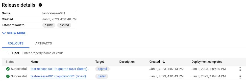  Google Cloud 控制台中的发布
