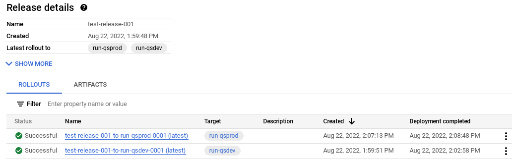 rollouts in Google Cloud console