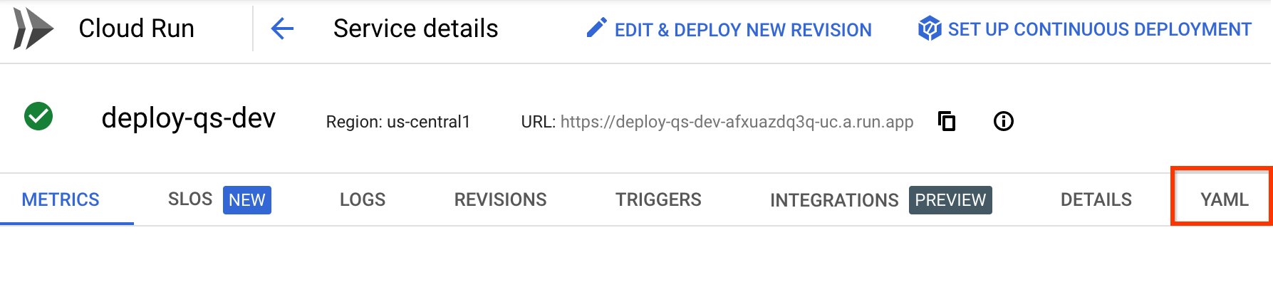 Page des détails du service dans la console Google Cloud, avec l&#39;onglet &quot;YAML&quot; 