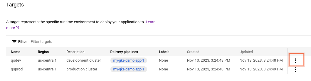 destinos en la consola de Google Cloud, con el ícono de menú