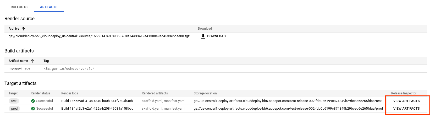 Lista de artefactos de destino en la página **Release details**, que muestra el vínculo **View artifacts**.