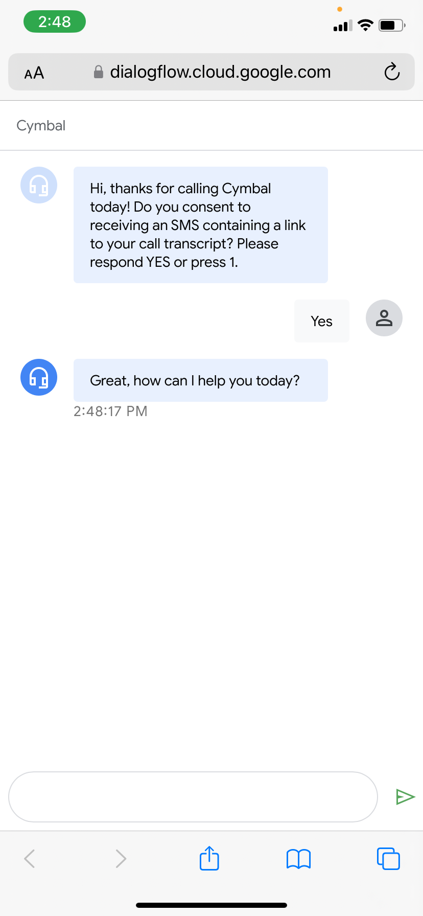 Capture d&#39;écran de l&#39;interface mobile de l&#39;Assistant d&#39;appel