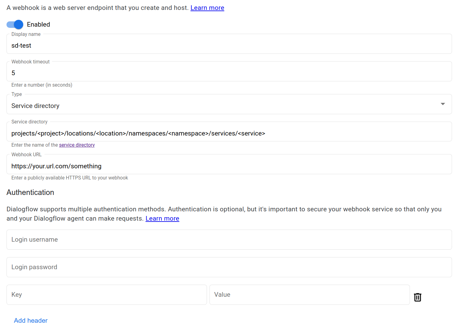 Screenshot del webhook Service Directory.