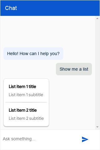 Captura de pantalla del tipo de lista de Dialogflow Messenger