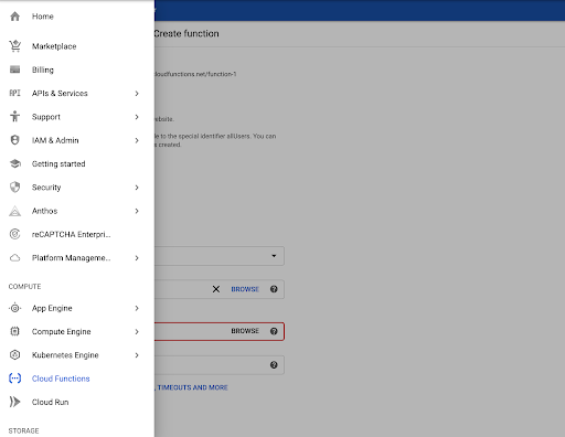 Screenshot of Cloud Function in the Google Cloud console menu