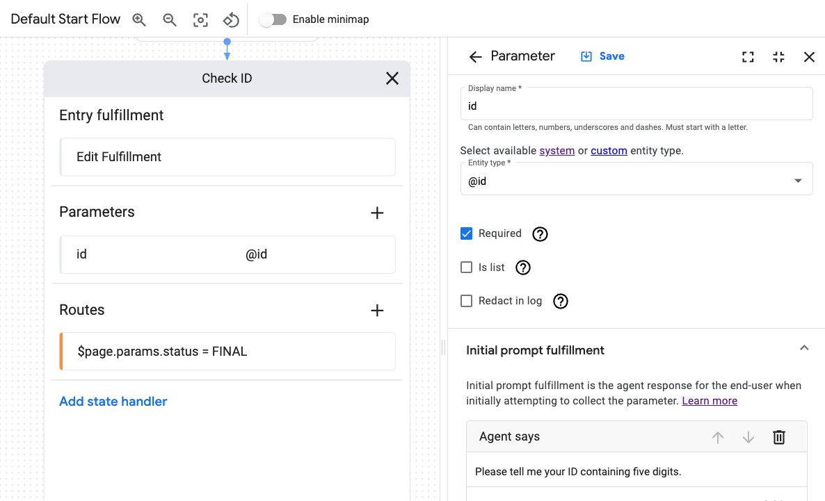 Erforderlicher Parameter in Conversational Agents (Dialogflow CX)