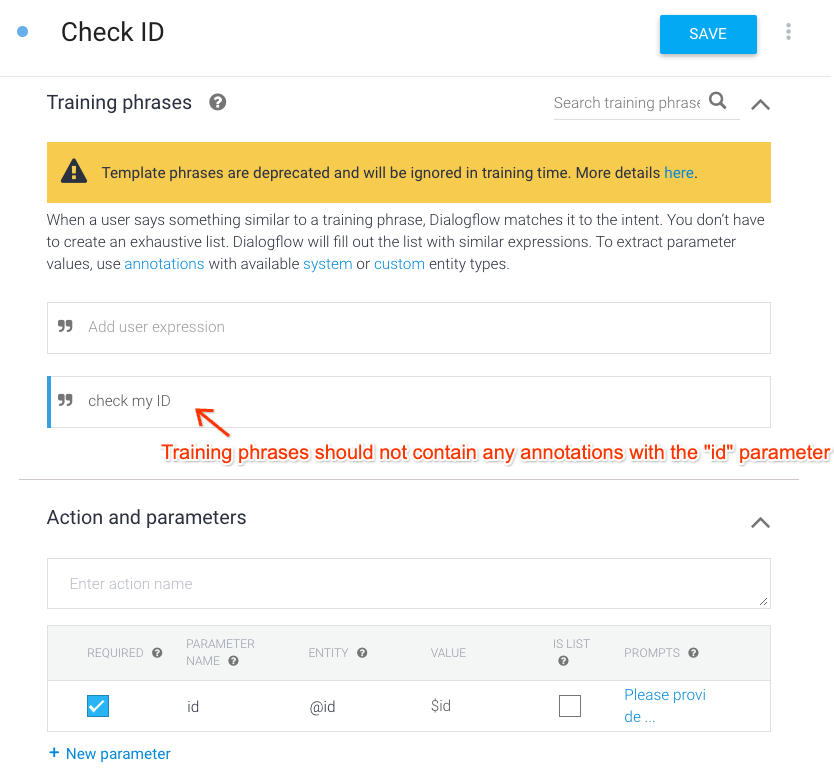 Aucune annotation dans les phrases d&#39;entraînement dans Dialogflow ES