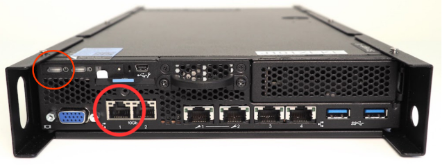 Power button and port 1 highlighted on Edge Appliance