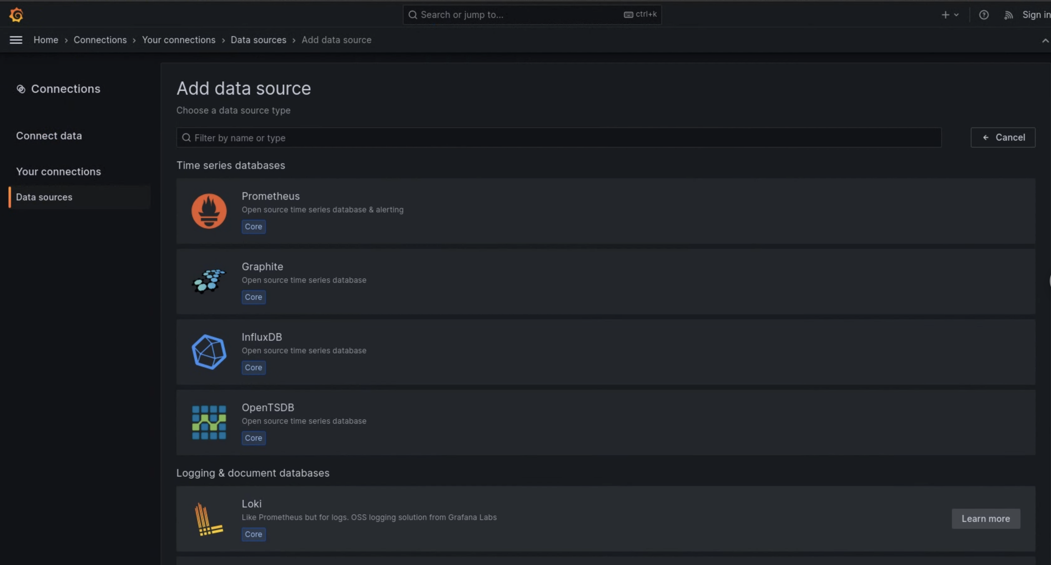 The Loki option is displayed as a data source on the Add data source page of the UI.