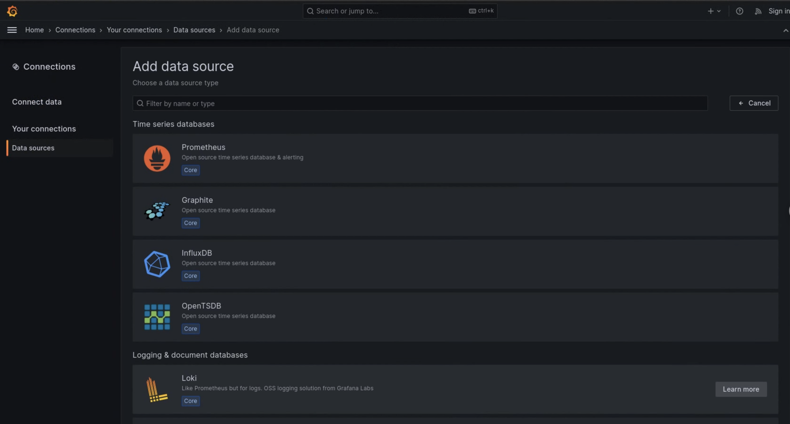 Loki オプションが、UI の [データソースを追加] ページにデータソースとして表示されます。
