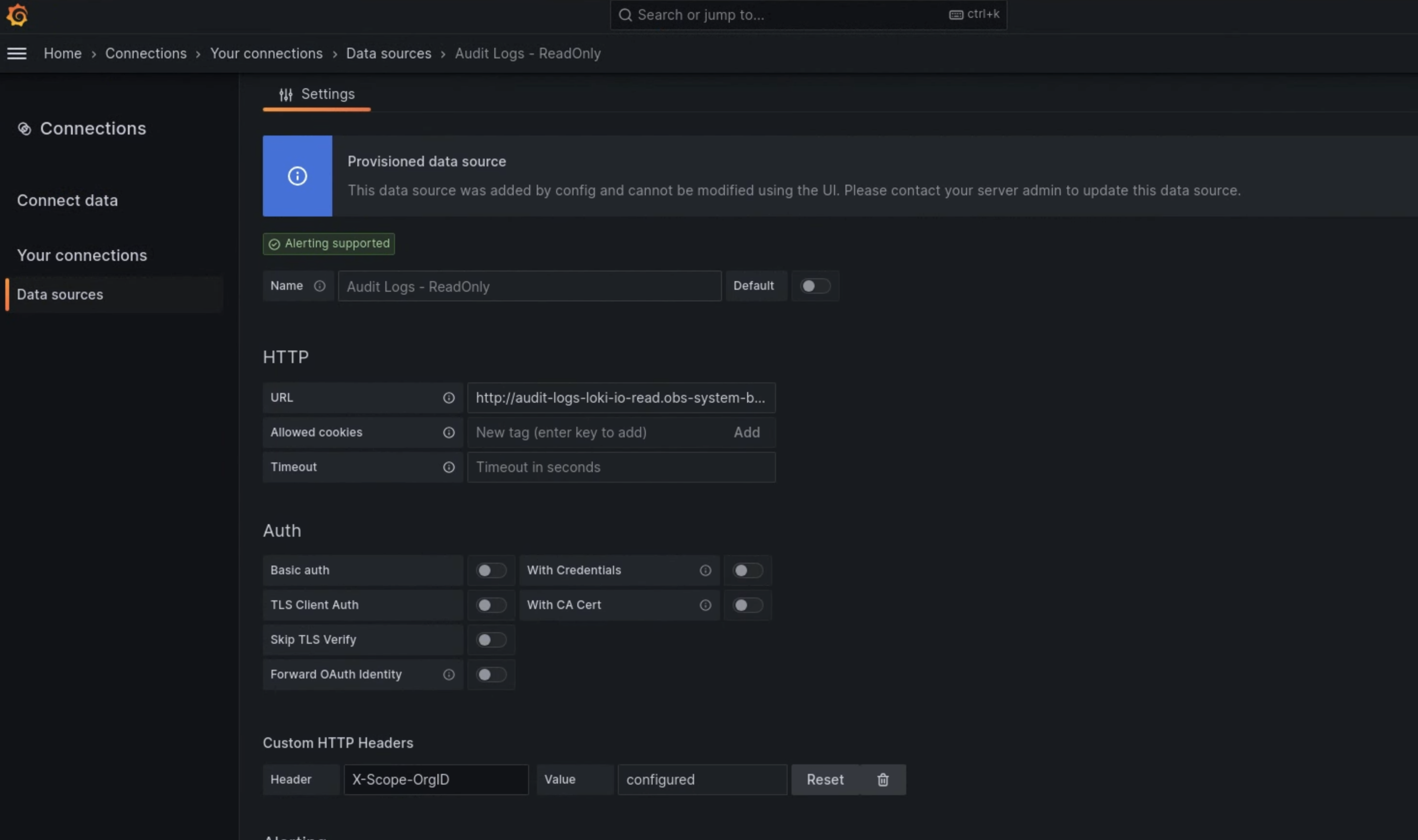 The relevant fields to configure Loki as the data source are displayed on the Settings page