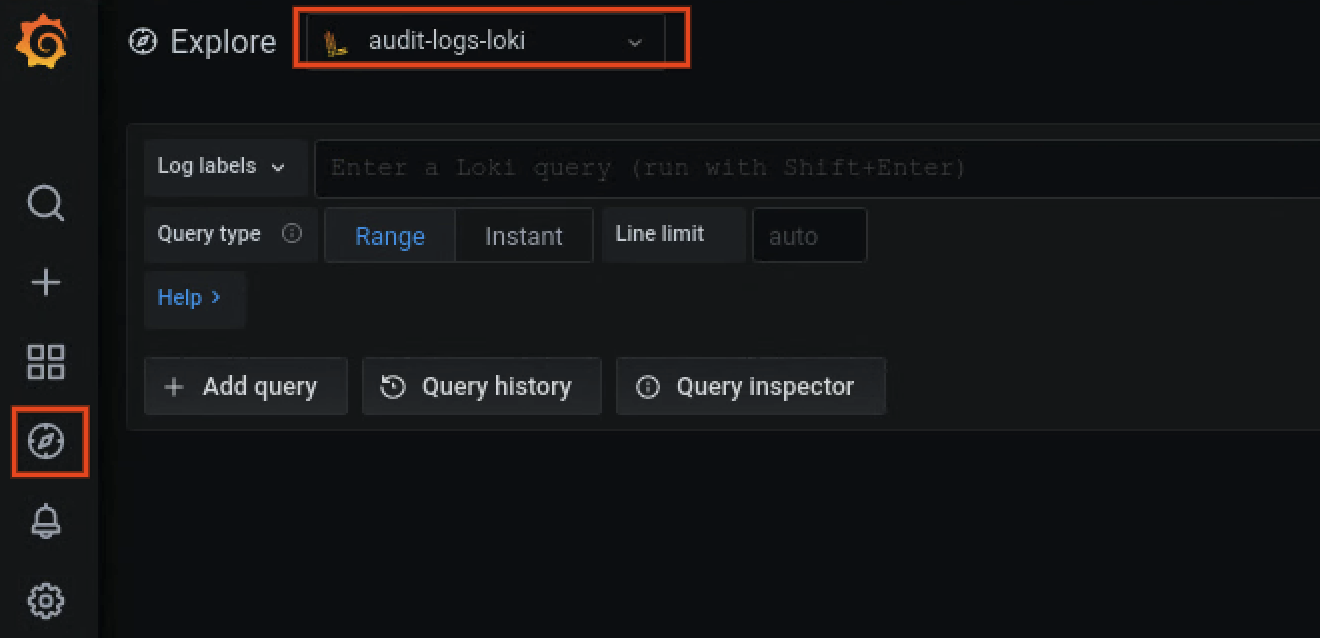 The audit-logs-loki option is selected on the Explore page of the monitoring instance UI for the admin cluster.