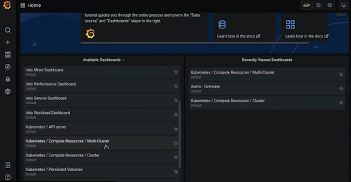 Home page con un elenco di dashboard disponibili e di dashboard visualizzate di recente