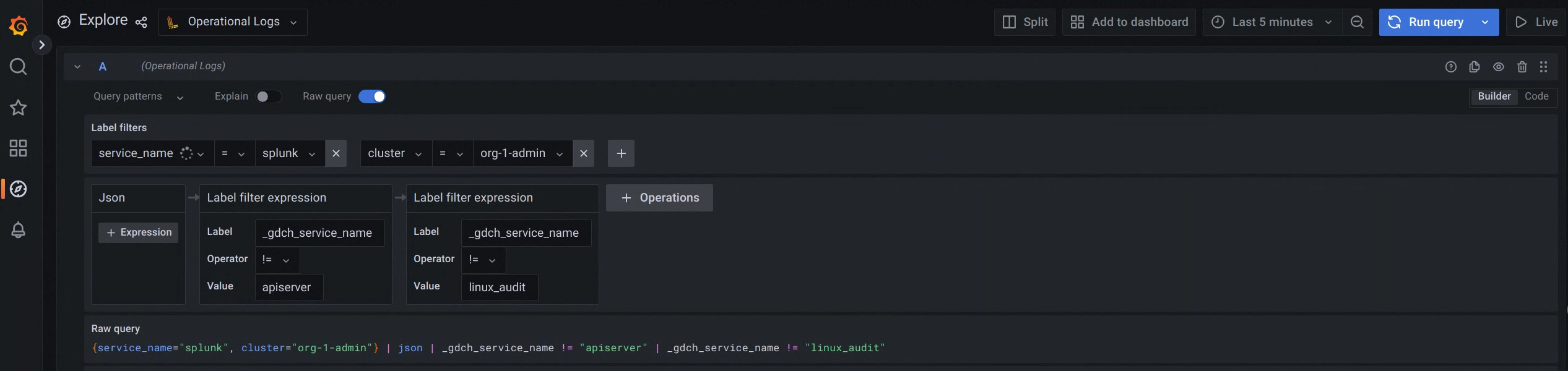 在 UI 的「Explore」(探索) 頁面選取「Operational Logs」(作業記錄) 選項，即可取得作業記錄。