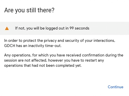 Console UI showing dialog with a timer of 99 seconds before logging out user for inactivity.