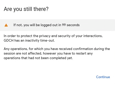 Interfaccia utente della console che mostra una finestra di dialogo con un timer di 99 secondi prima di disconnettere l&#39;utente per inattività.