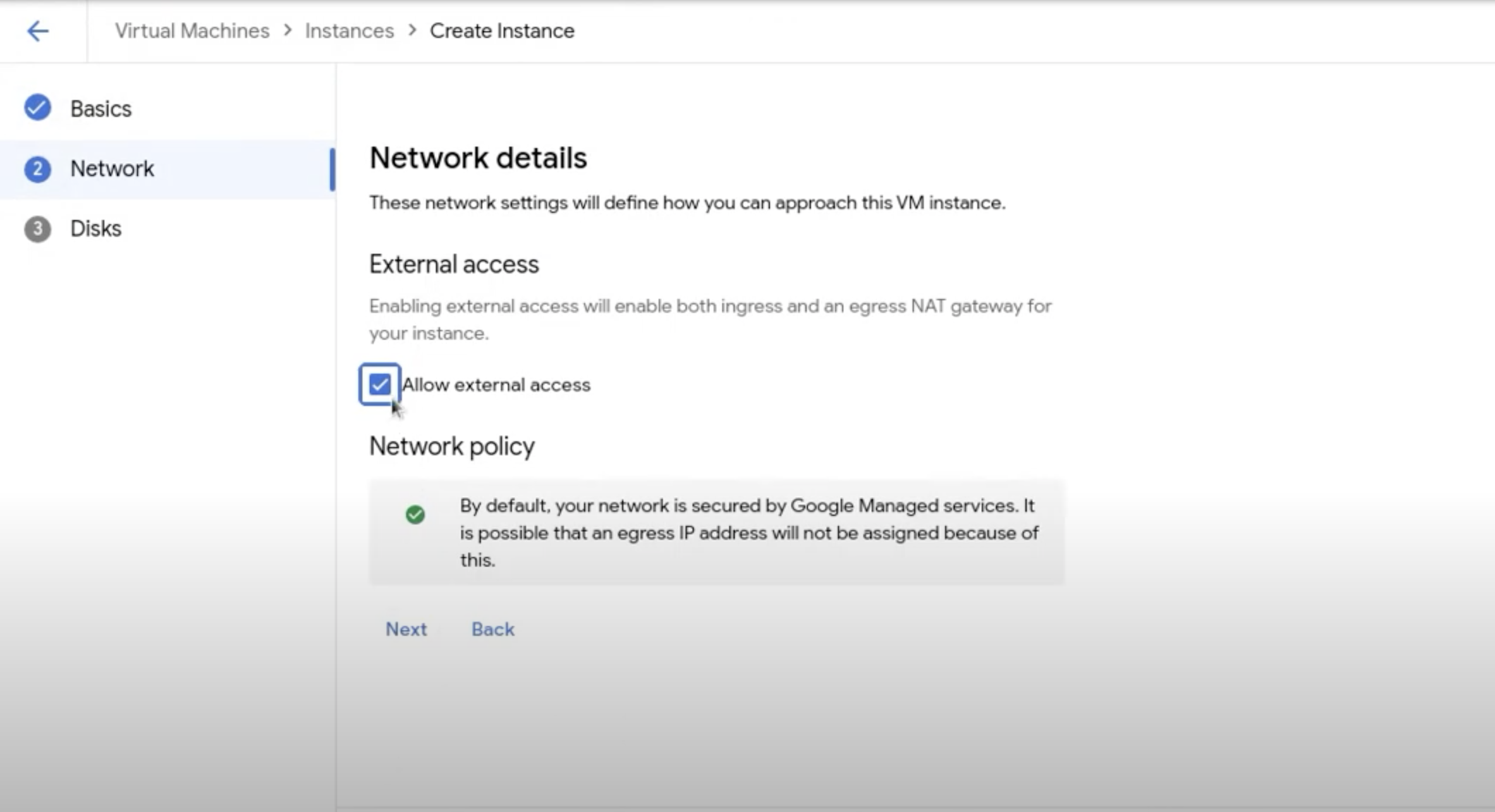 Enable external access on VM creation