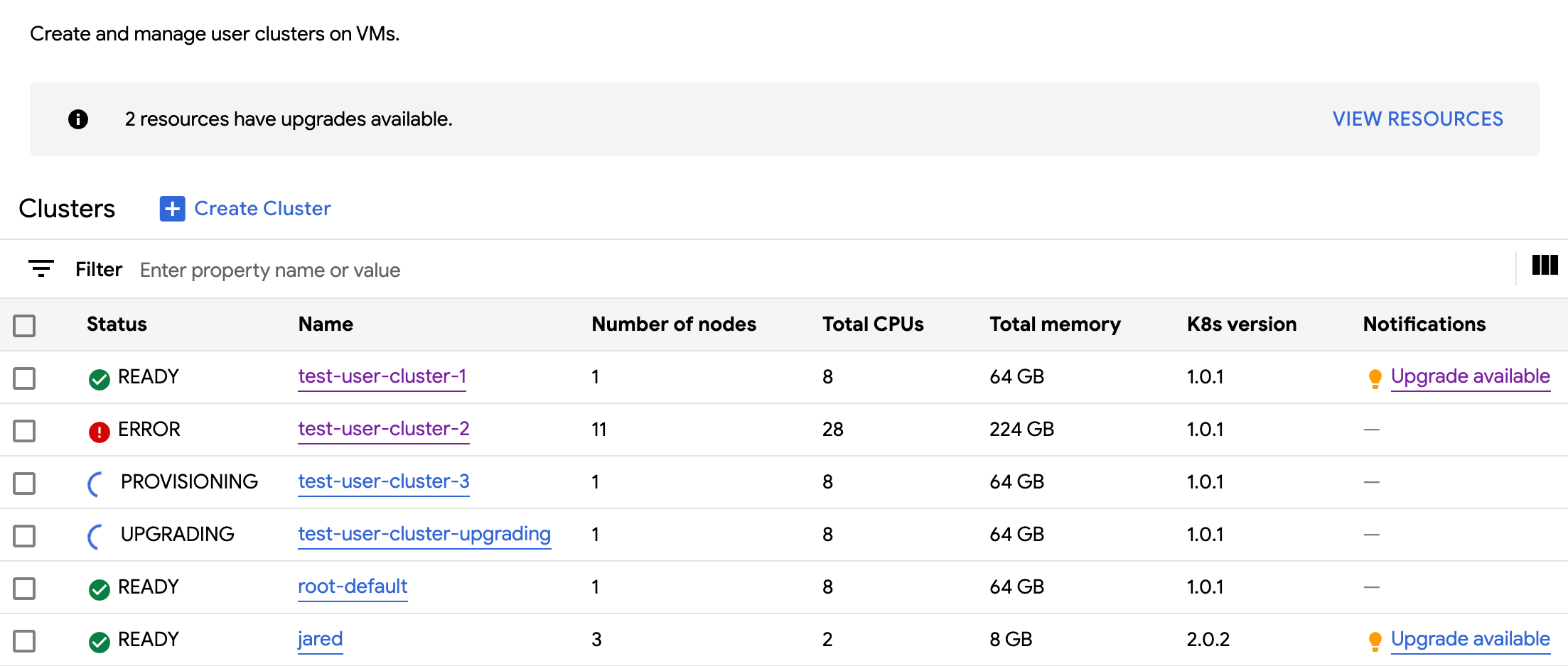 Cluster details page for statuses and other information for each Kubernetes cluster in the organization.