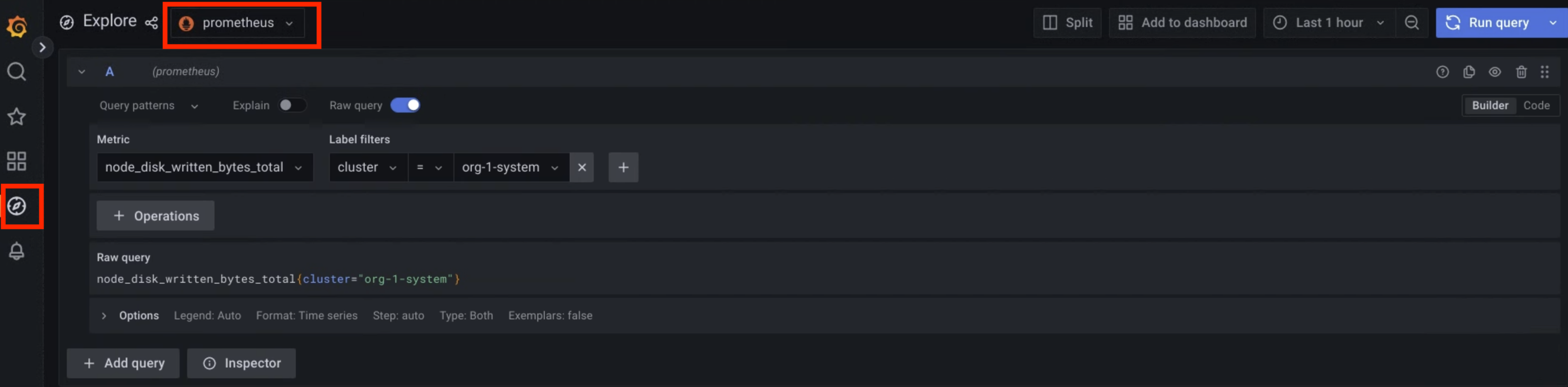 The prometheus option is selected on the Explore page to obtain metrics.