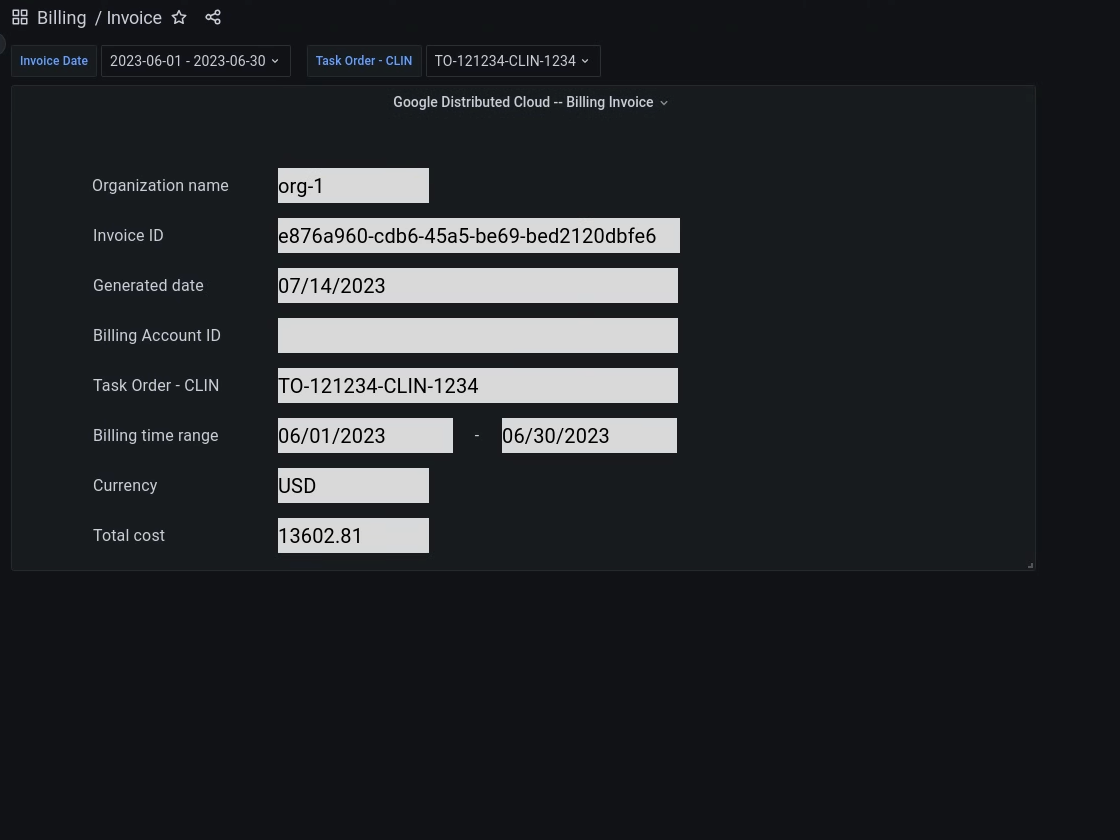 Invoice dashboard shows input field values to export the invoice