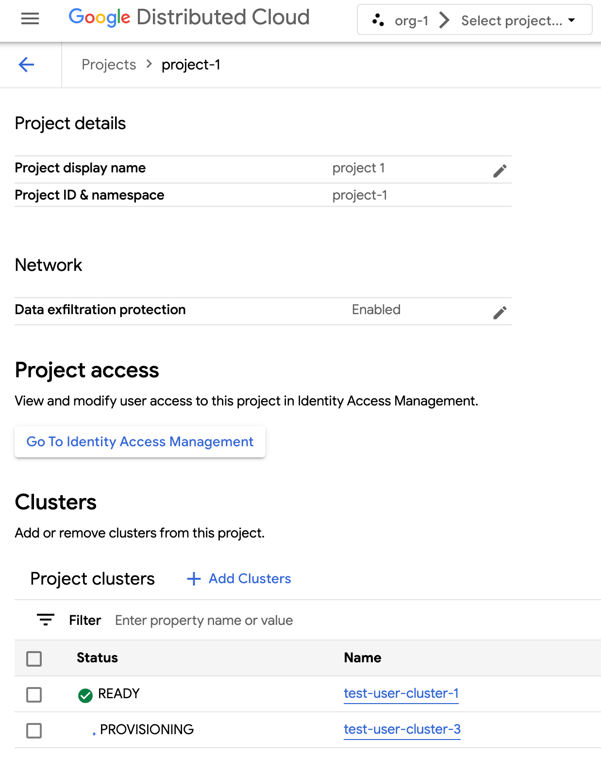 View project details such as project name, attached clusters, and network settings.
